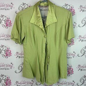 Cartise button up vintage retro shiny Elegant Sage Green Satin Collar Blouse
